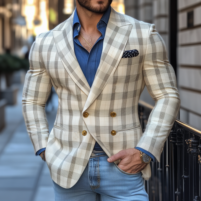 Men's Vintage Elegant Plaid Peaked Lapel Double Breasted Slim Fit Blazer MTA1981G0M