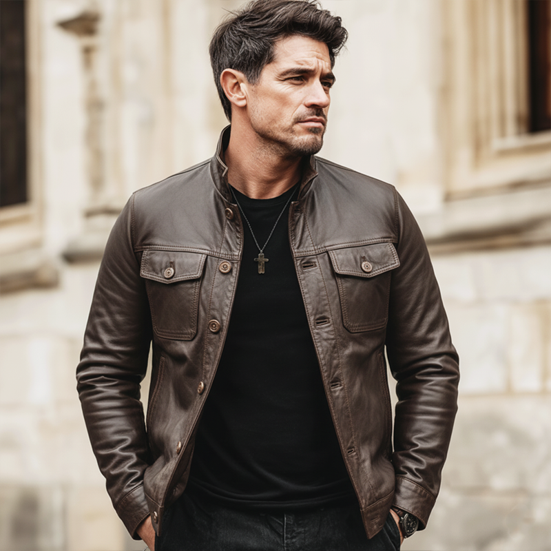 Men's Urban Stand-collar Button-up Brown PU Leather Jacket MTA0480L6U