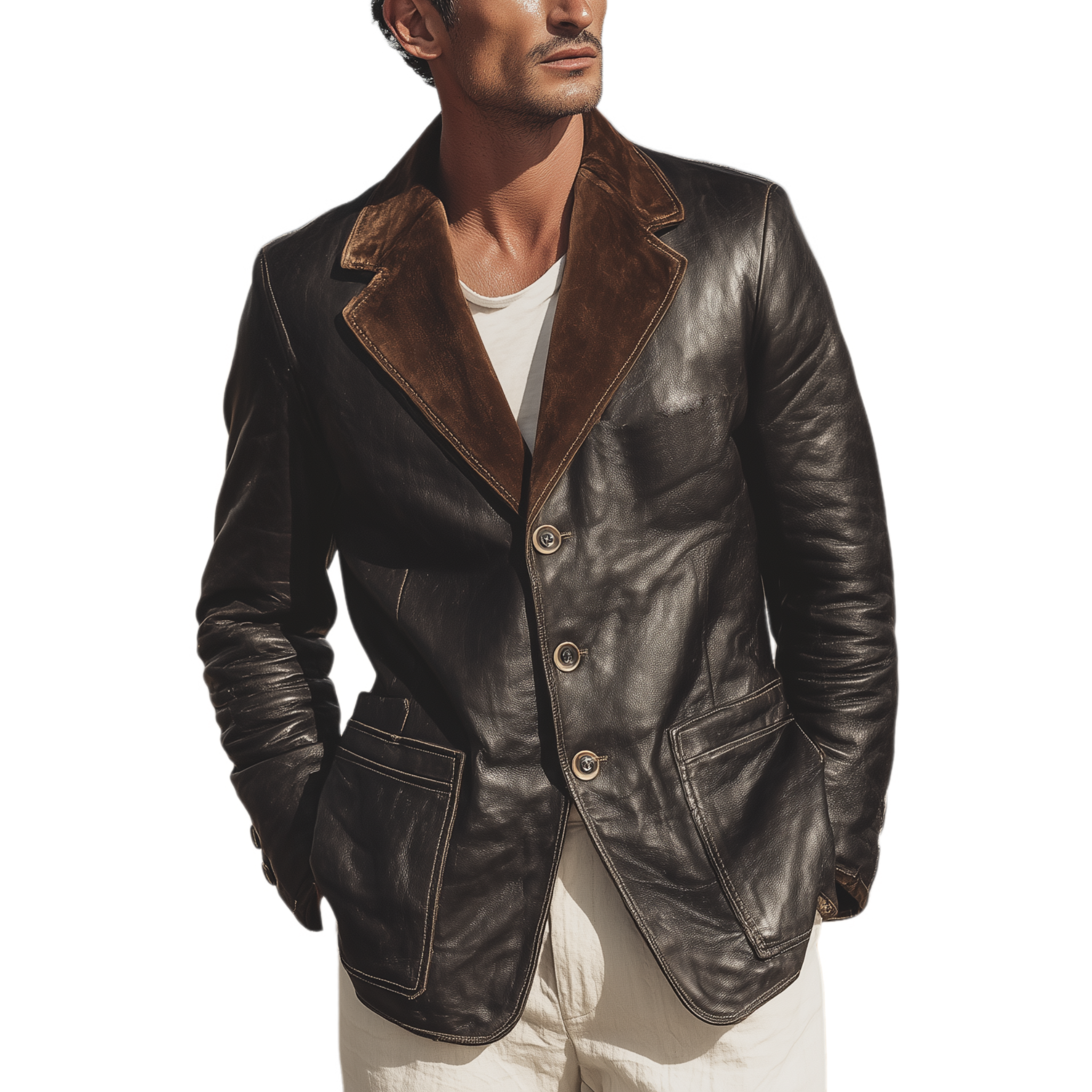 Men's Classic Retro Western Cowboy Style Suede Collar Single-breasted PU Leather Blazer MTA0888H7K
