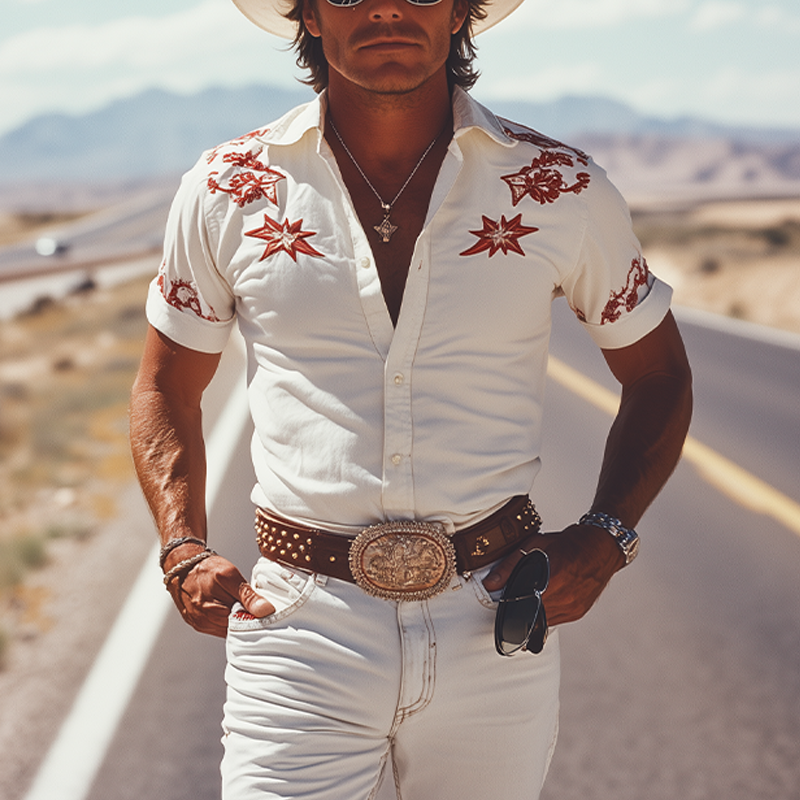 Men's Spring And Summer Fashion Retro Western Cowboy Style Cotton Blended Embroidery Slim Fit Short Sleeve Shirt MTA1209E3K