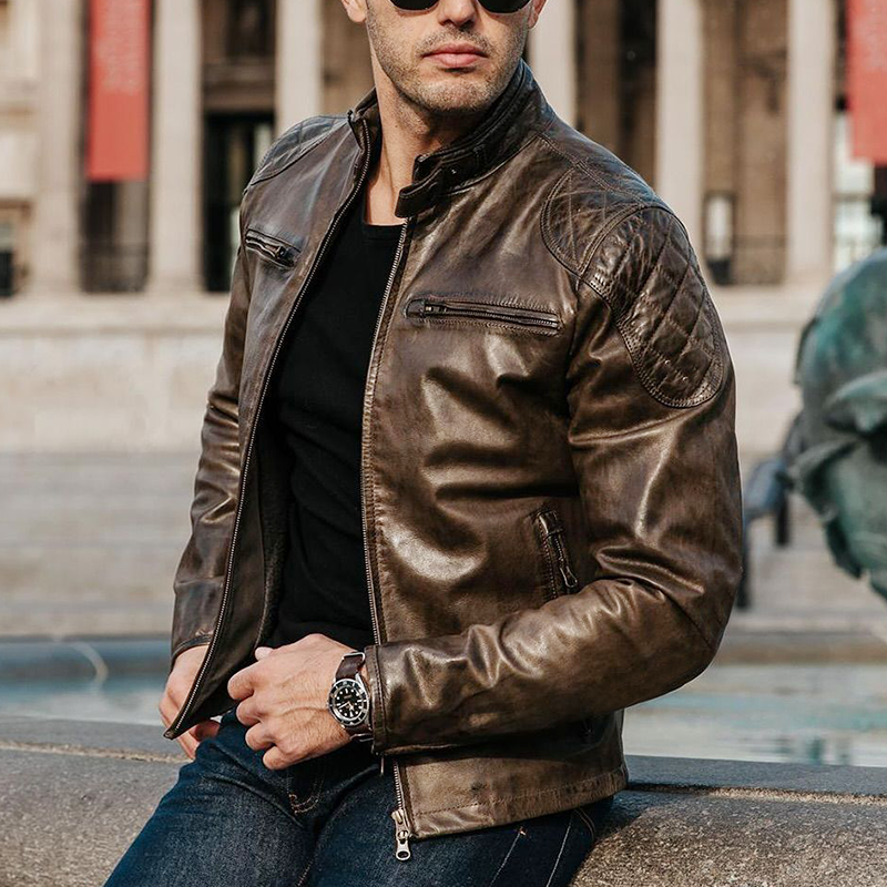 Men's Vintage Brown Stand Collar Shiny PU Leather Jacket MTA1708J2U