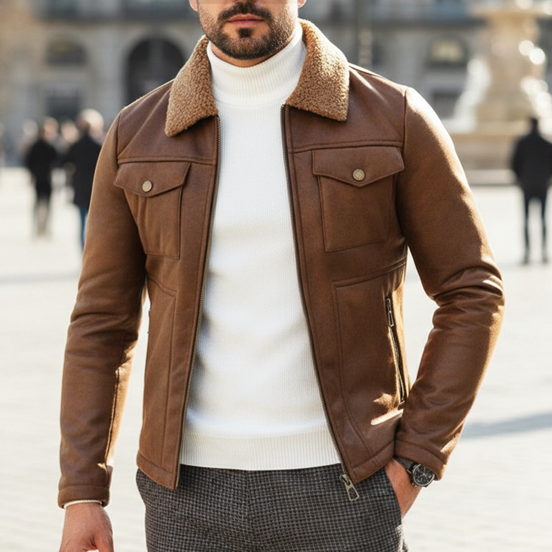 Men's Classic PU Leather And Faux Fur Collar Zip-up Jacket MTA2362I7U