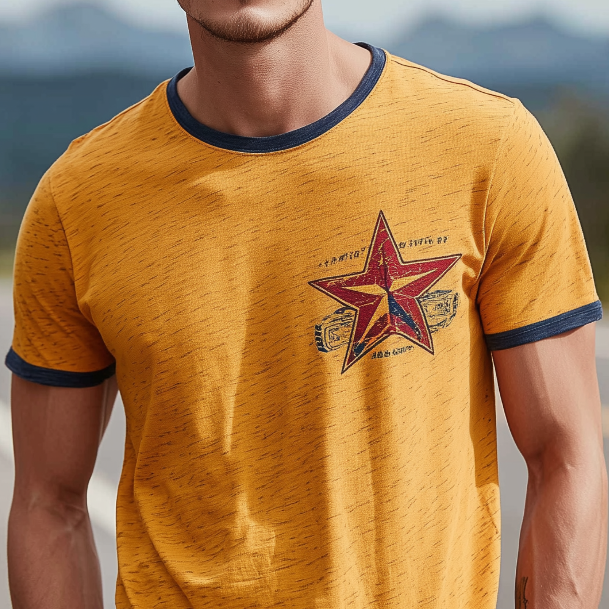 Men's Classic Casual Heathered Cotton Blend Contrast Stitching And Print Crew Neck Short Sleeve T-shirt MTA2373G2K