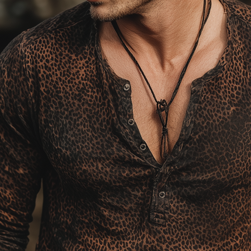 Men's Vintage Casual Leopard Print Henley Long Sleeve T-Shirt MTA1779G7TO