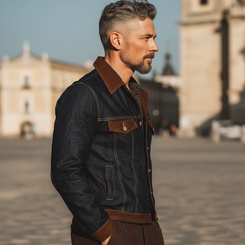 Men's Urban Vintage Denim And Faux Suede Patchwork Jacket MTA2299L8U