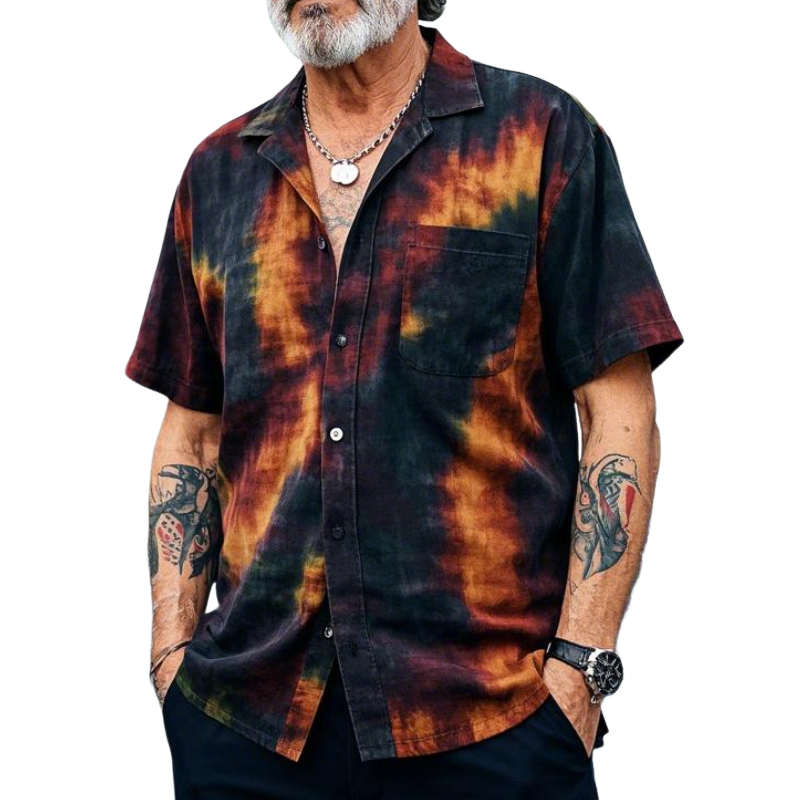 Men's Vintage Casual Lapel Tie-dye Printed Cotton Blend Short-sleeved Shirt 76078684F