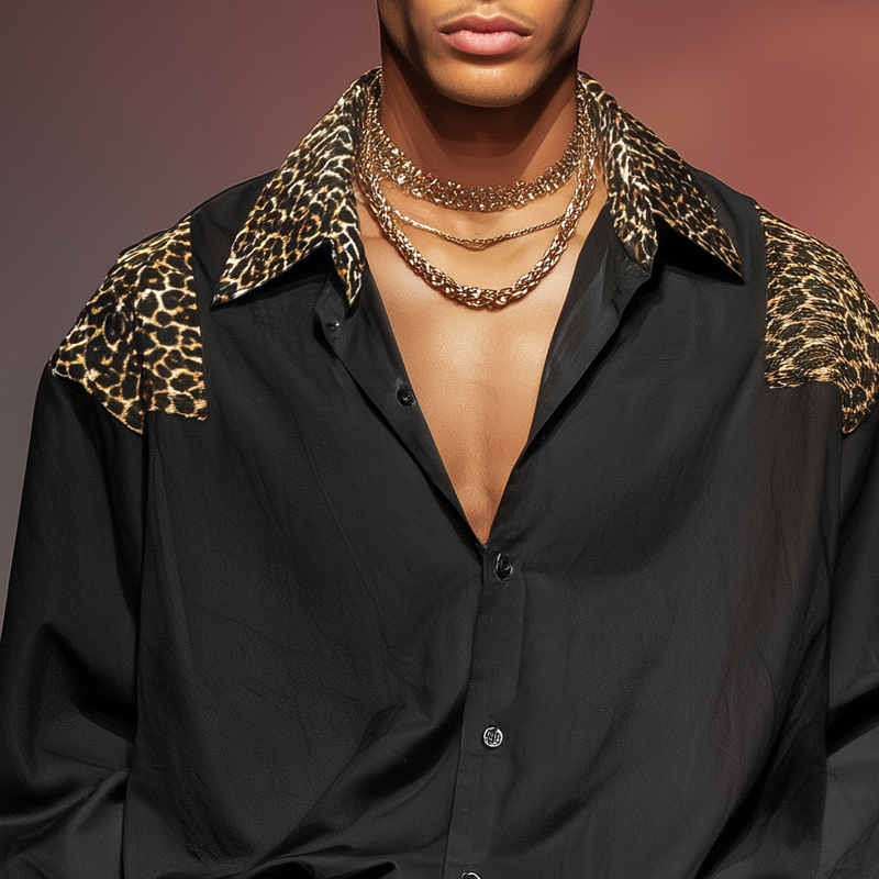 Men's Leopard Stitching Lapel Long Sleeve Shirt MTA3194G8Z
