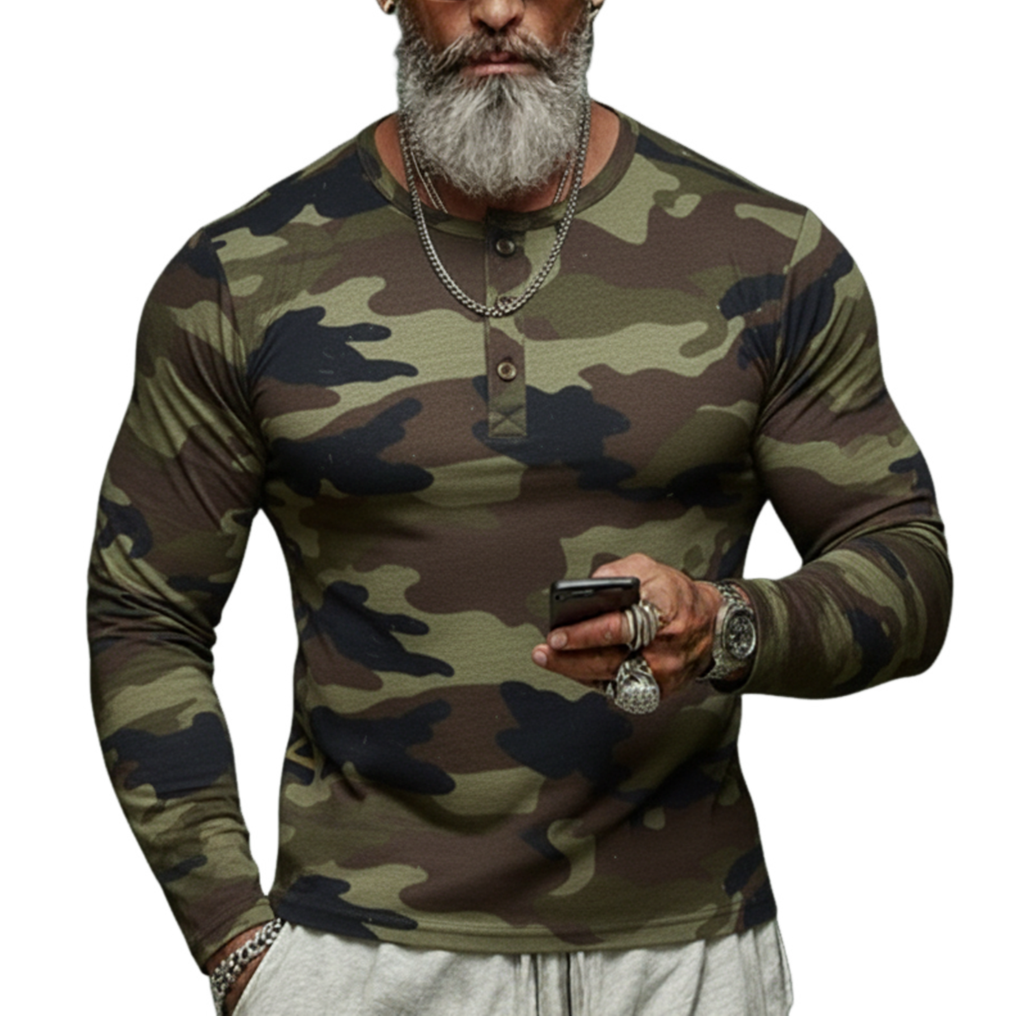Men's Classic Casual Tough-guy Style Camouflage Cotton Blend Henley Neck Long-sleeved T-shirt MTA2636L1K