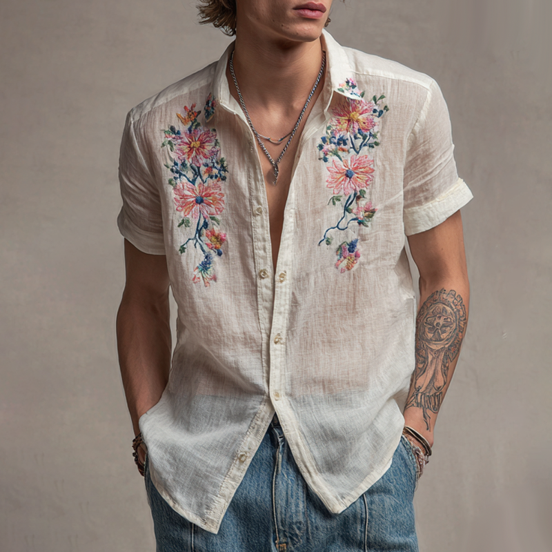 Men's Flora Embroidered Lapel Short Sleeve Cotton And Linen Shirt MTA3111G4Z