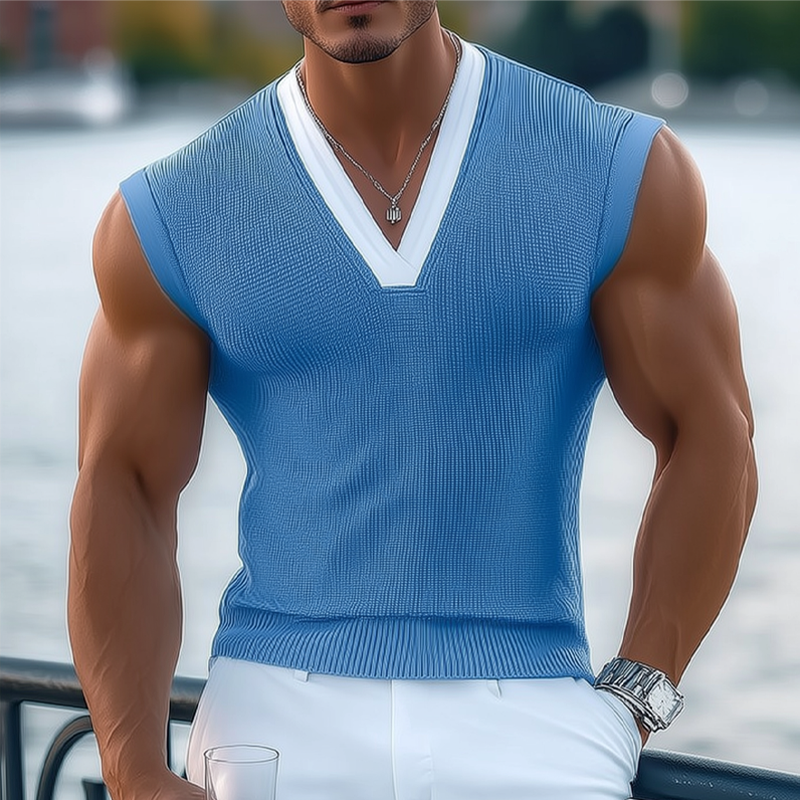 Men's Knitted Contrast Color V-Neck Sleeveless Tank Top MTA0538G9X