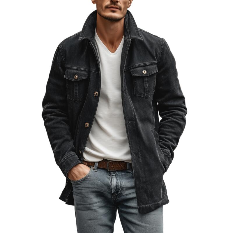 Men's Vintage Outdoor Washed Distressed Denim Lapel Single-breasted Loose Mid-length Jacket MTA2589H2M