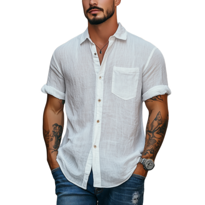 Men's Classic Casual Skin-friendly Silk Cotton Short-sleeved Shirt 47916766K