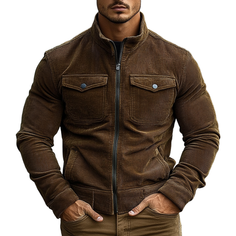 Men's Vintage Solid Color Corduroy Multi-Pocket Stand Collar Zipper Jacket MTA2867H3X