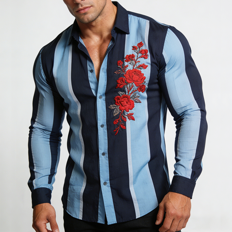 Men's Retro Casual Striped Embroidered Lapel Long-Sleeve Shirt MTA1957L5TO