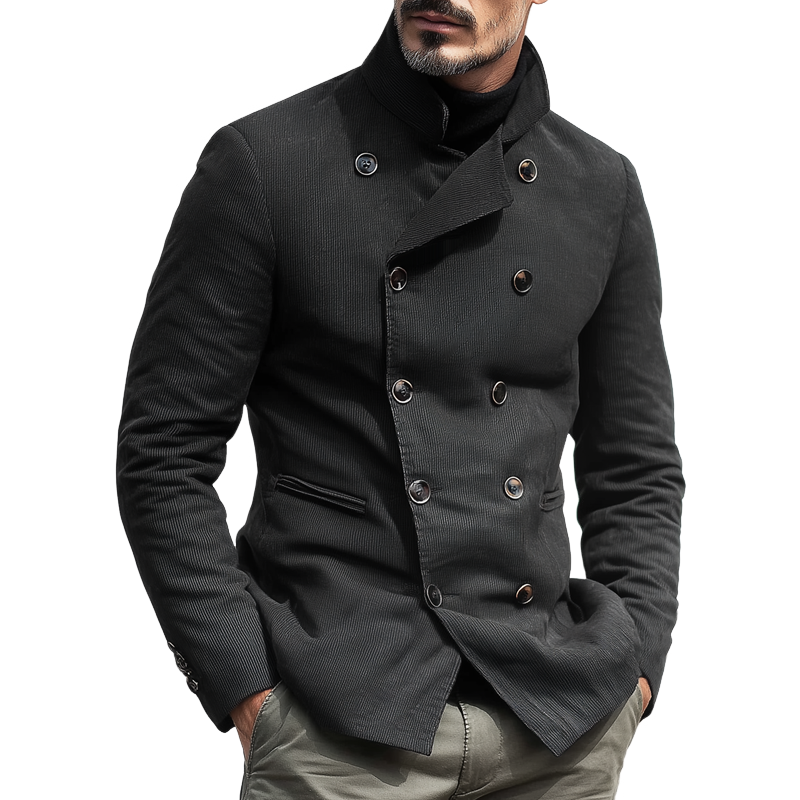 Men's Solid Corduroy Stand Collar Double Breasted Casual Jacket MTA1874H2Z