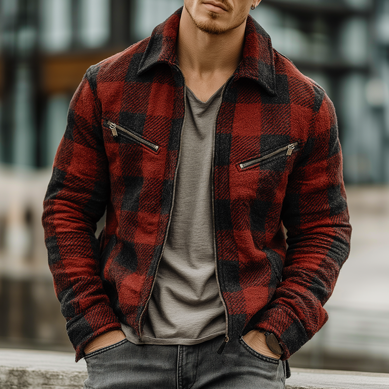 Men's Retro Casual Plaid Lapel Zipper Jacket MTA2192J4TO
