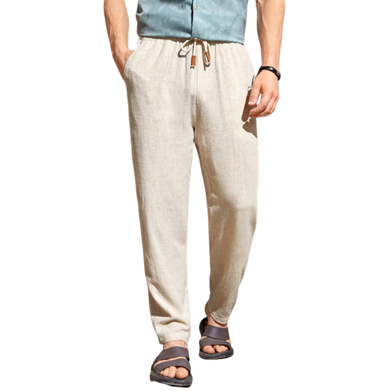 Men's Casual Cotton Linen Elastic Waist Straight Pants 01622871M