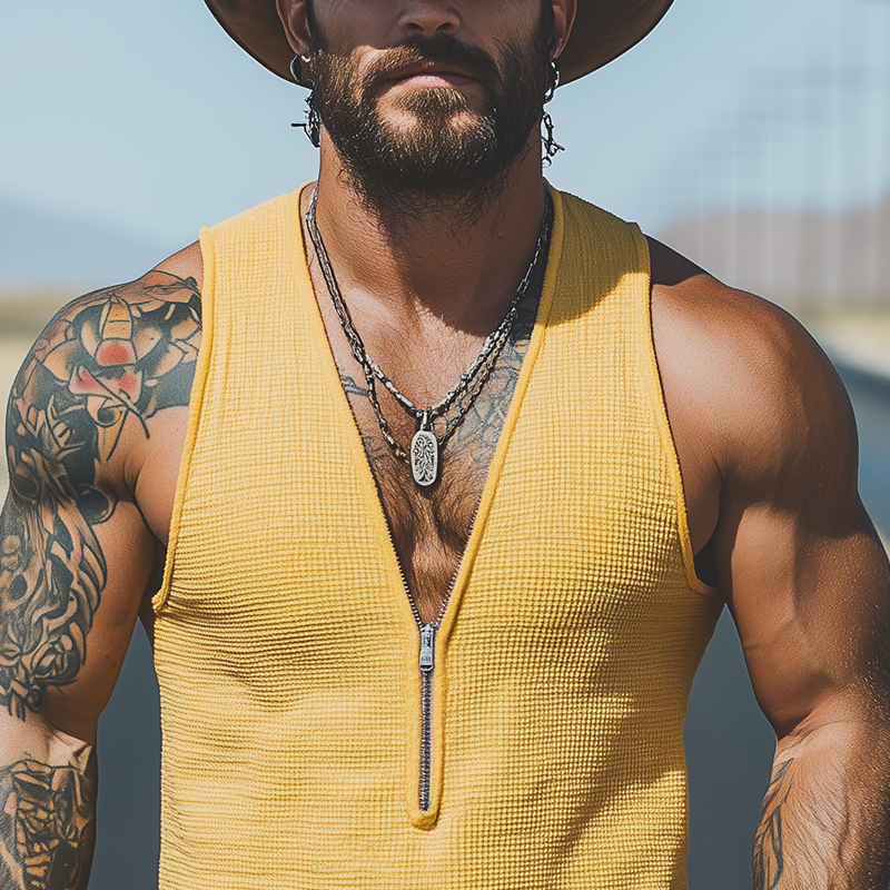 Men's Spring And Summer Casual Waffle Slim Zipper Deep V Neck Tank Top MTA0117G4K