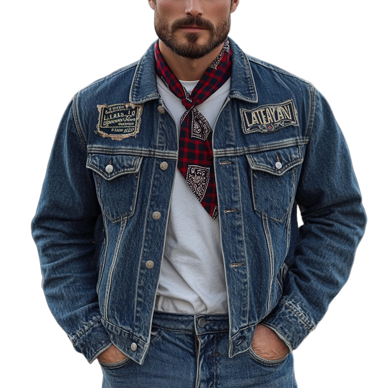 Men's Vintage Dark Blue Washed Denim Jacket 05225471U