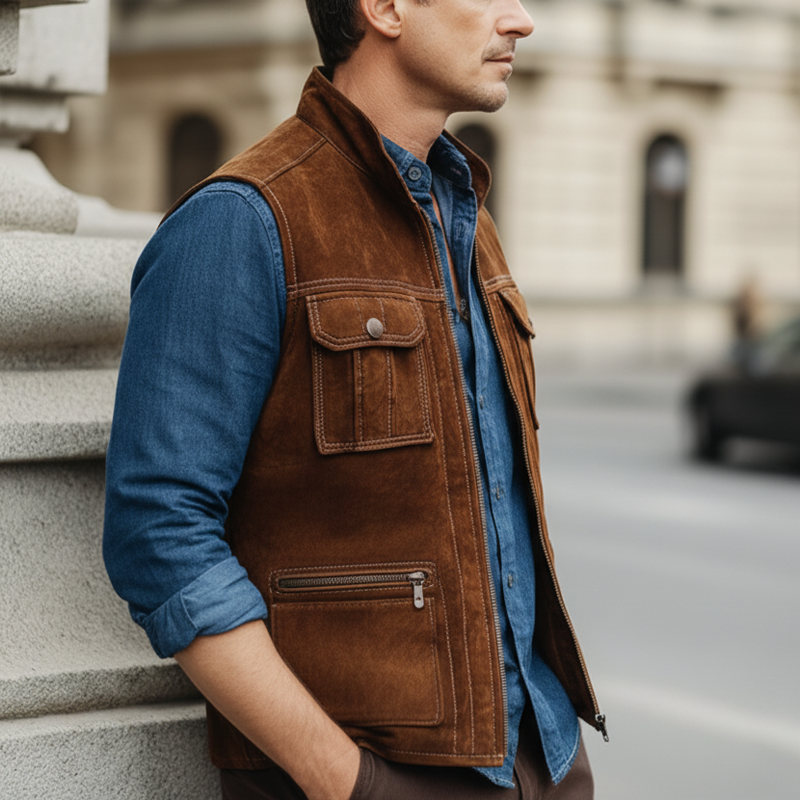Men's Classic Stand-collar Zippered Suede Multi-pocket Vest MTA0129L9U