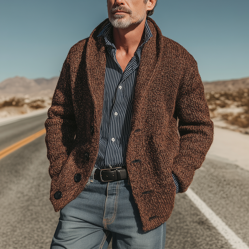 Men's Autumn And Winter Retro Shawl Collar Knitted Mixed Color Cardigan MTA1111I8P
