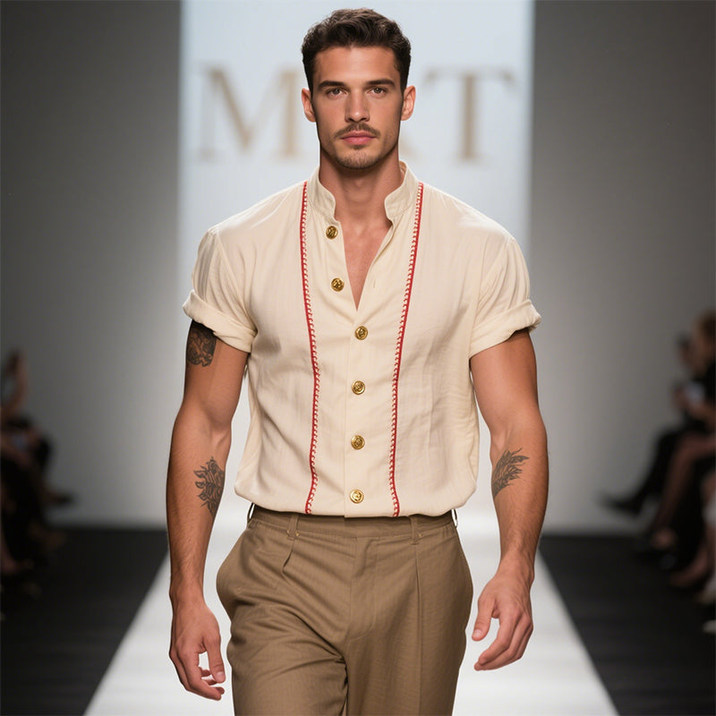 Men's Retro Casual Linen Embroidered Medieval Style Stand Collar Short Sleeve Shirt MTA2957E1TO