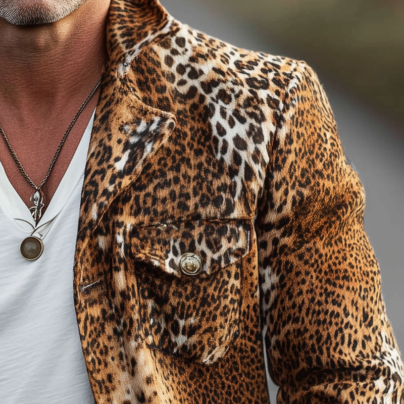 Men's Vintage Lapel Leopard Suede Button Short Coat MTA1415H3U