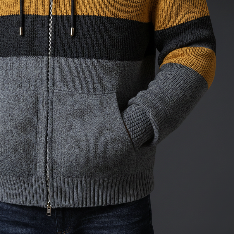 Men's Winter Retro Color Block Cotton Yarn Knitted Hooded Cardigan MTA0356K1P