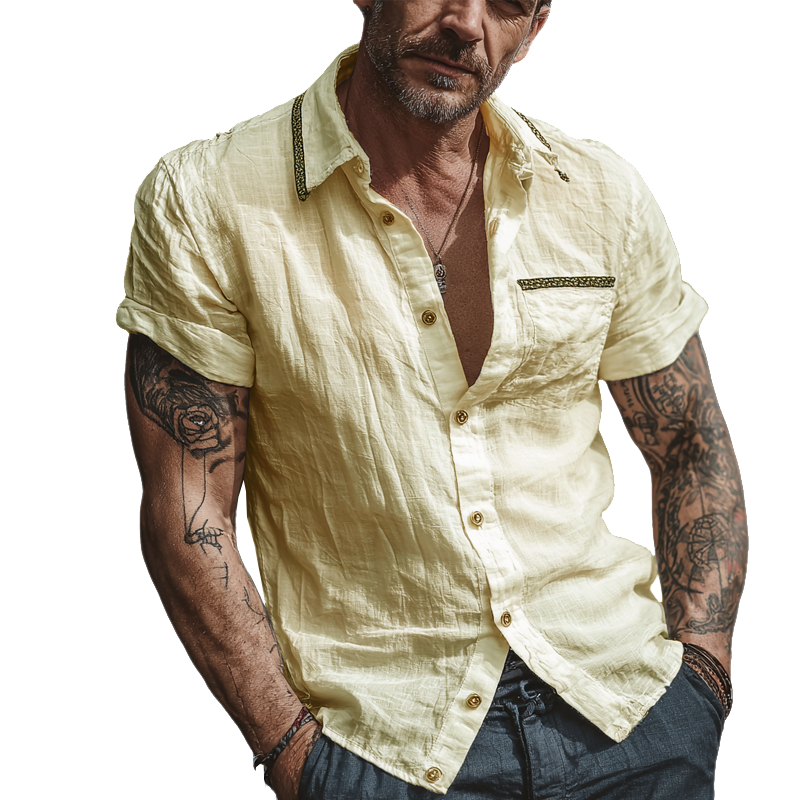 Men's Cotton And Linen Casual Short-Sleeved Lapel Shirt MTA0358G6X