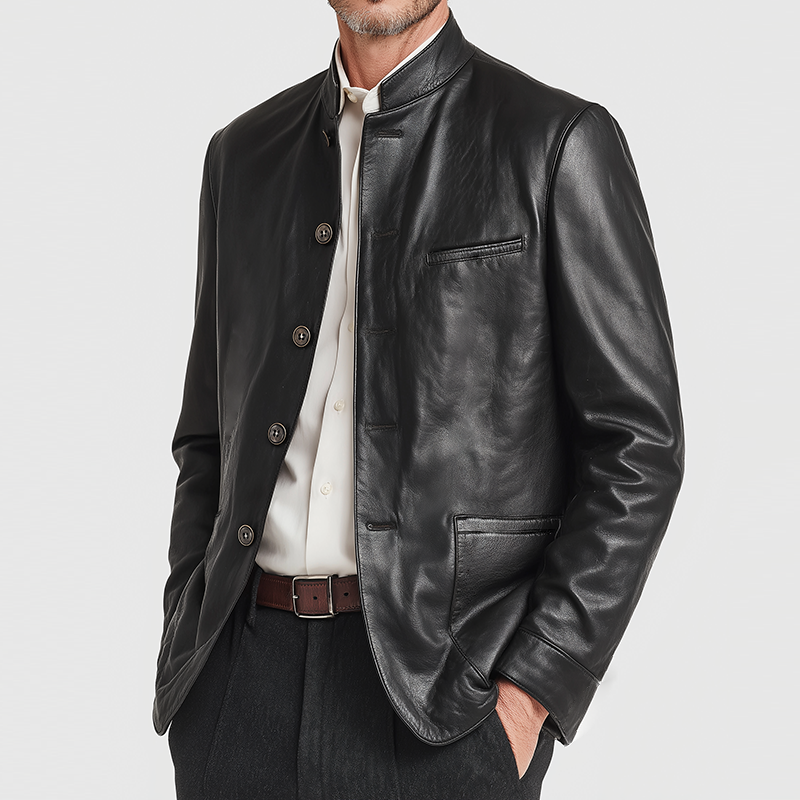 Men's Retro Casual Solid Color PU Stand Collar Leather Jacket MTA1112K3TO