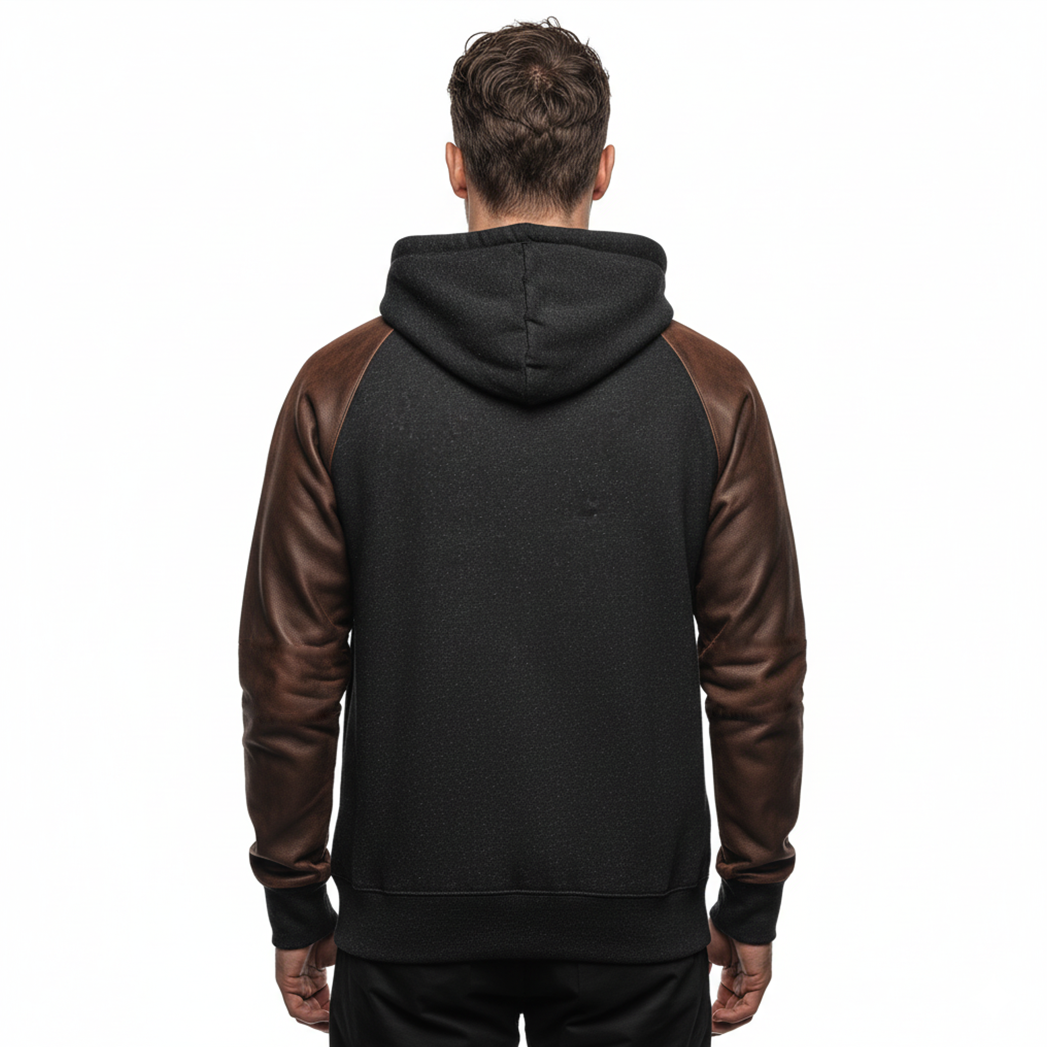 Men's Classic Casual Sleeve Stitching PU Leather Loose Cotton Blend Hoodie MTA0917J2K