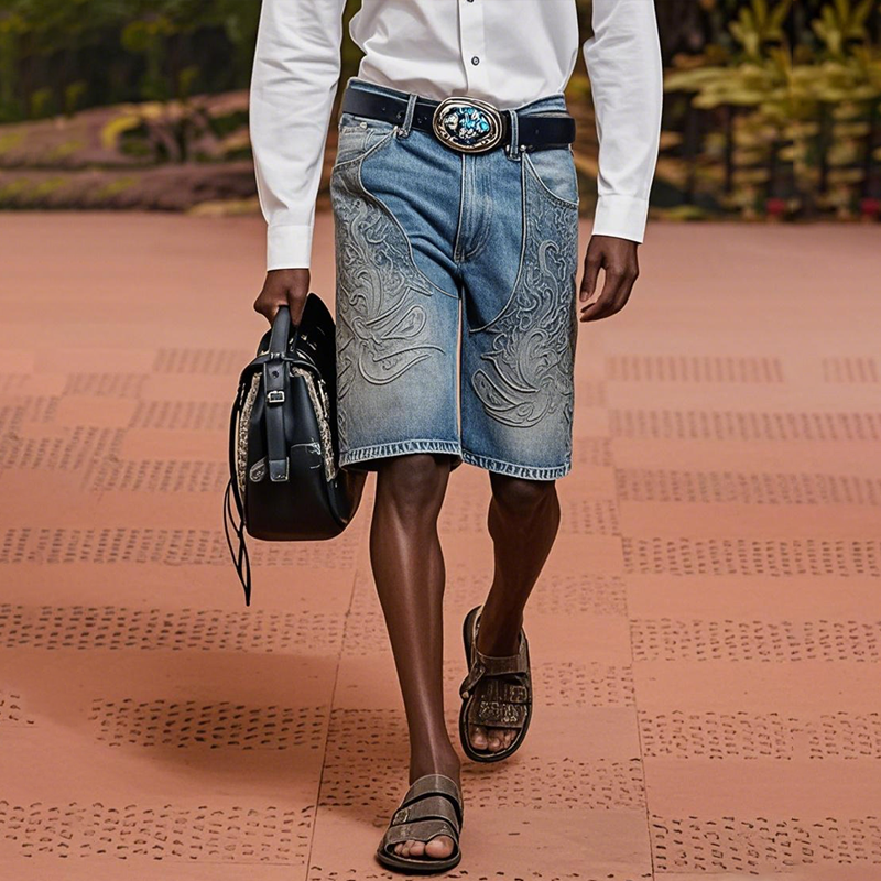 Men'S Fashion Retro Embroidered Straight Denim Shorts MTA0937E8Z