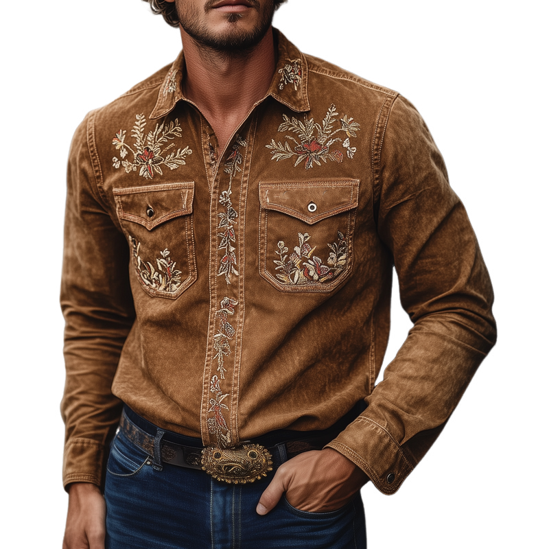Men's Vintage Western Embroidered Lapel Long Sleeve Shirt MTA2036H6X