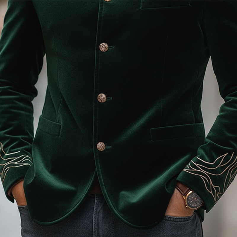 Men's Vintage Embroidered Stand-collar Velvet Jacket With Buttons MTA2341L6P