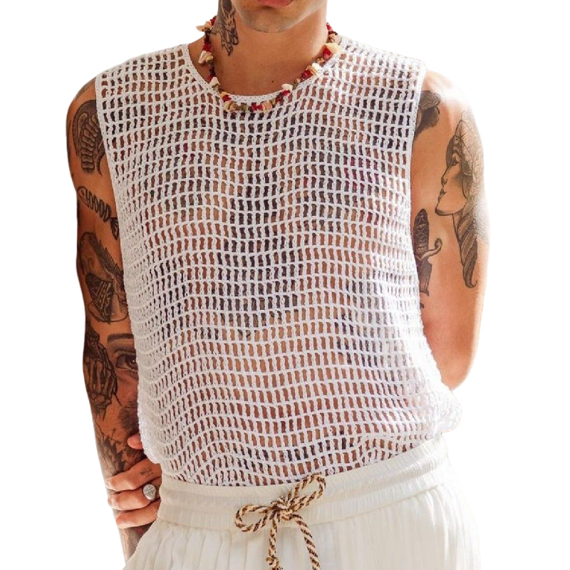 Men's Casual Round Neck Loose Hollow Crochet Tank Top 16401600M