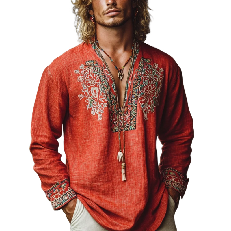 Men's Bohemian Print V Neck Long Sleeve Loose Fit Shirt 88494874Z