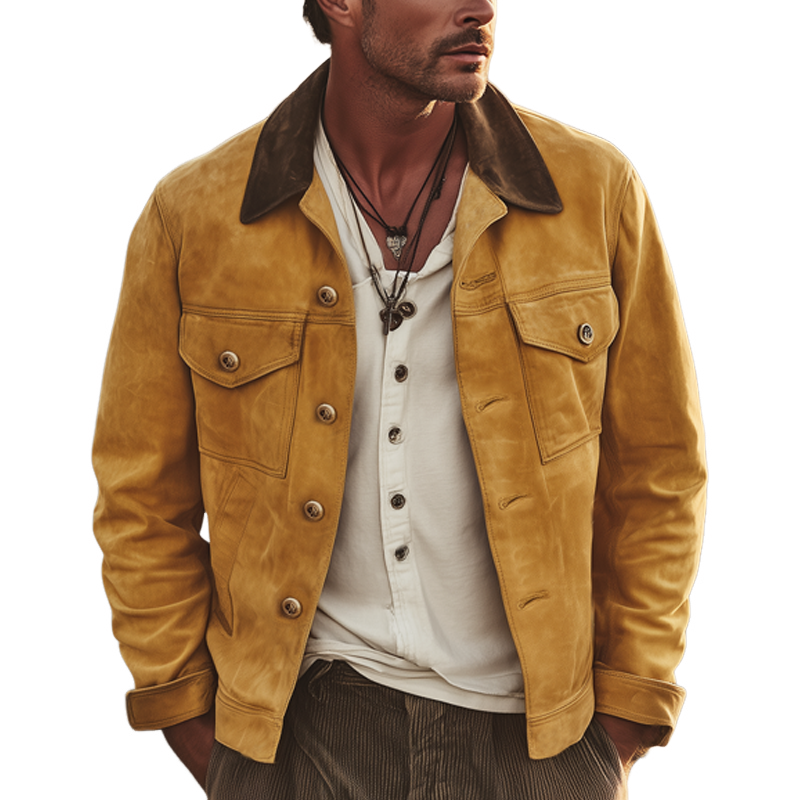 Men's Vintage Suede Colorblock Collar Button Jacket MTA1249H5U