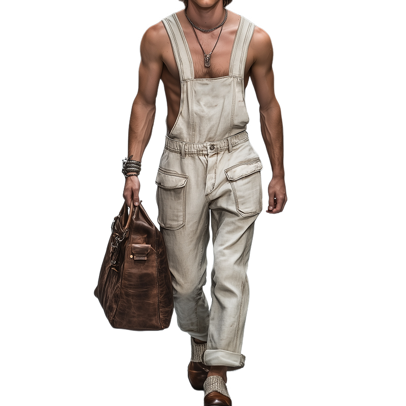 Men's Vintage Denim Washed Casual Loose Bib Top Pants MTA0903E7TO