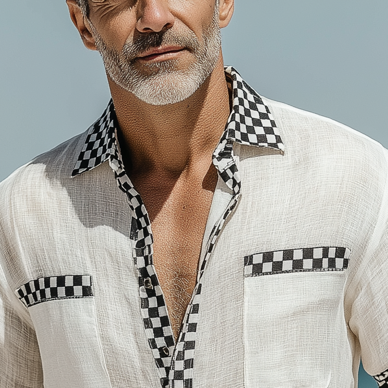 Men's Casual Cotton And Linen Plaid Short-sleeved Shirt MTA1554G0X