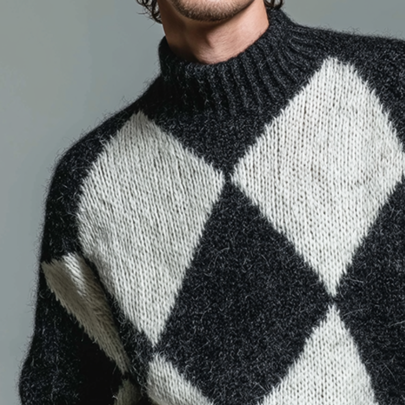 Men's Retro Casual Diamond Knitted Half Turtleneck Pullover Sweater MTA2110J4TO