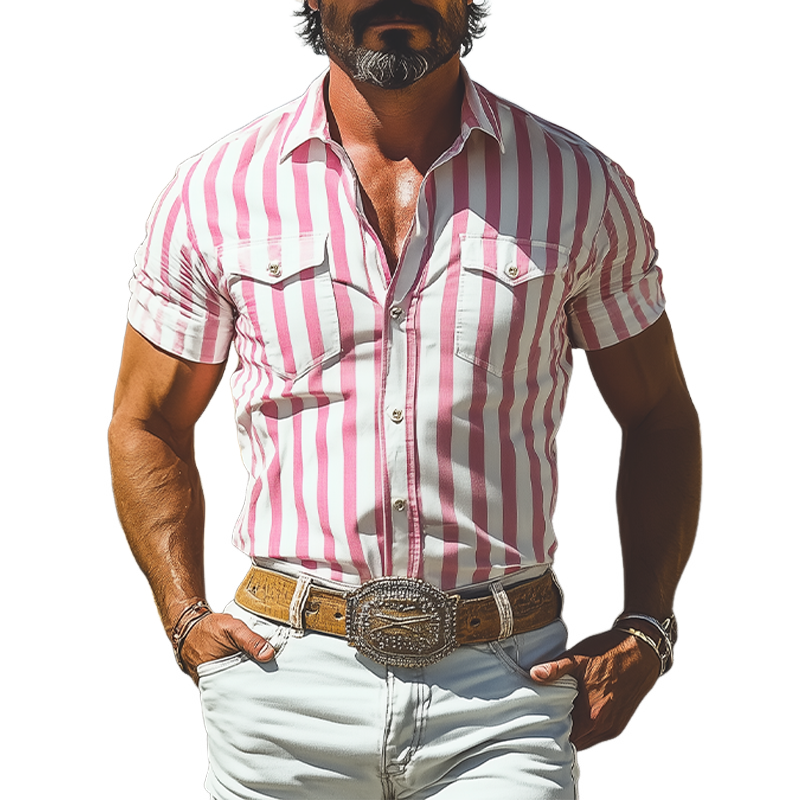 Men's Summer Fashion Casual Retro Western Style Vertical Striped Cotton Blended Slim Fit Short Sleeve Shirt MTA2893D8K