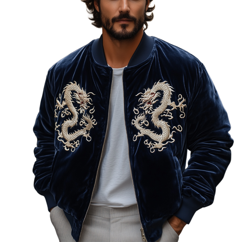 Men's Navy Vintage Dragon Embroidered Velvet Jacket 93477896U