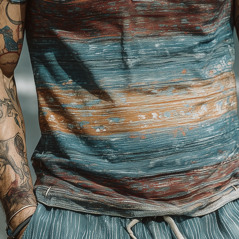 Men's Stripe Print Lapel Short Sleeve T-Shirt MTA2714F0X