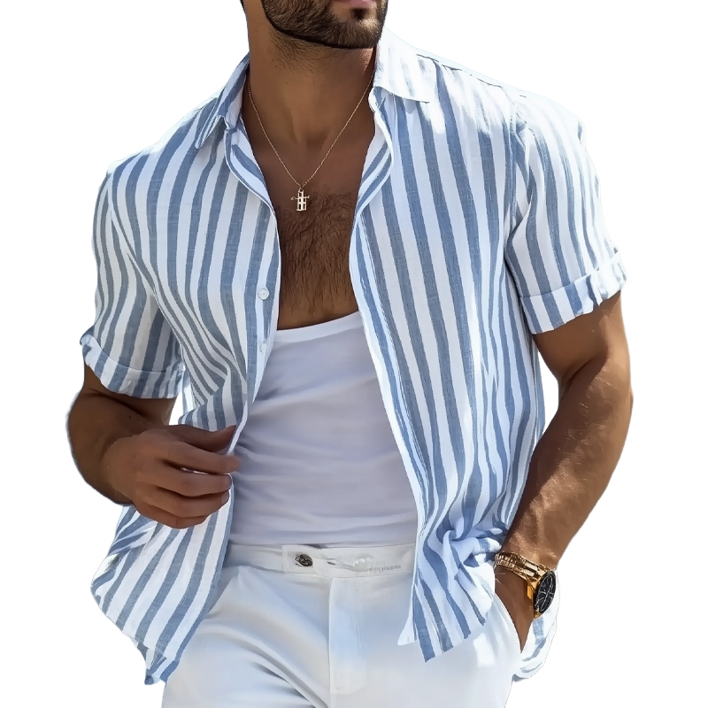 Men's Cotton And Linen Striped Short-sleeved Shirt MTA2106G1X