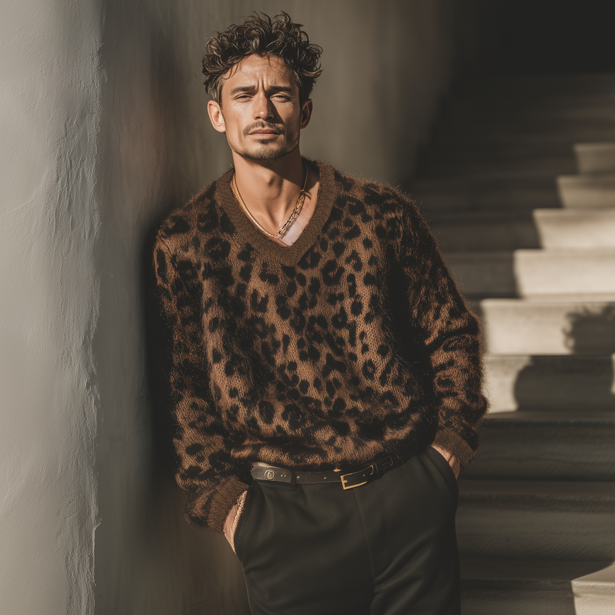Men's Classic Casual V-neck Leopard Print Loose Sweater MTA1641J1K
