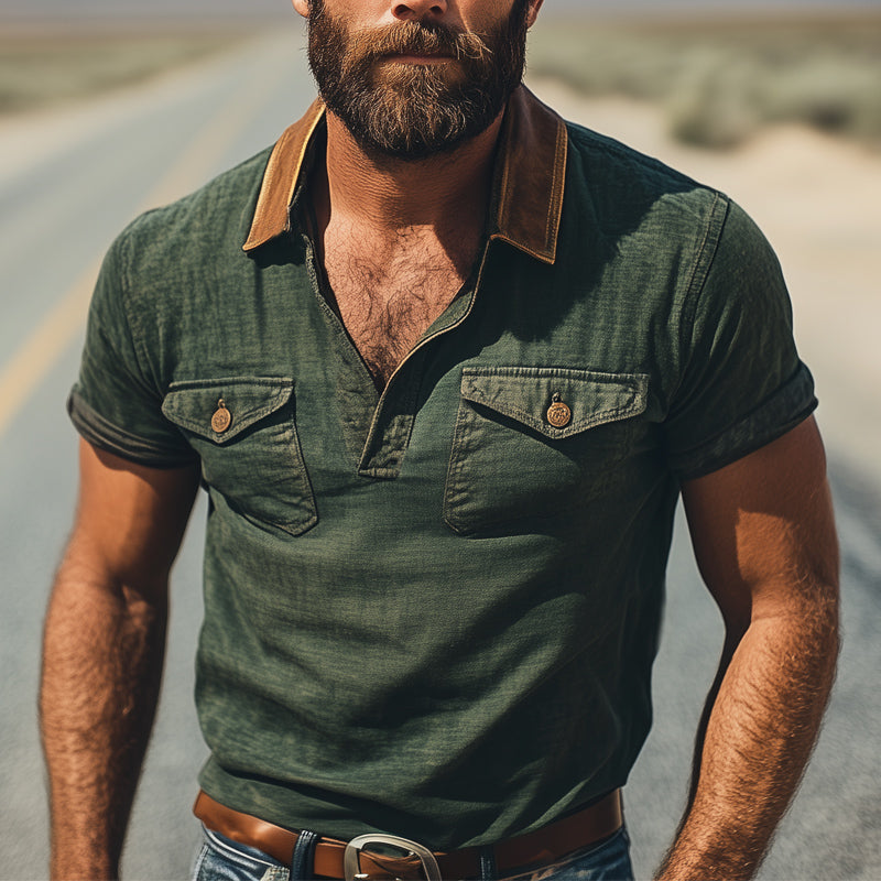 Men's Summer Cotton And Linen Leather Collar Splicing Short Sleeve T-Shirt MTA1583E8U