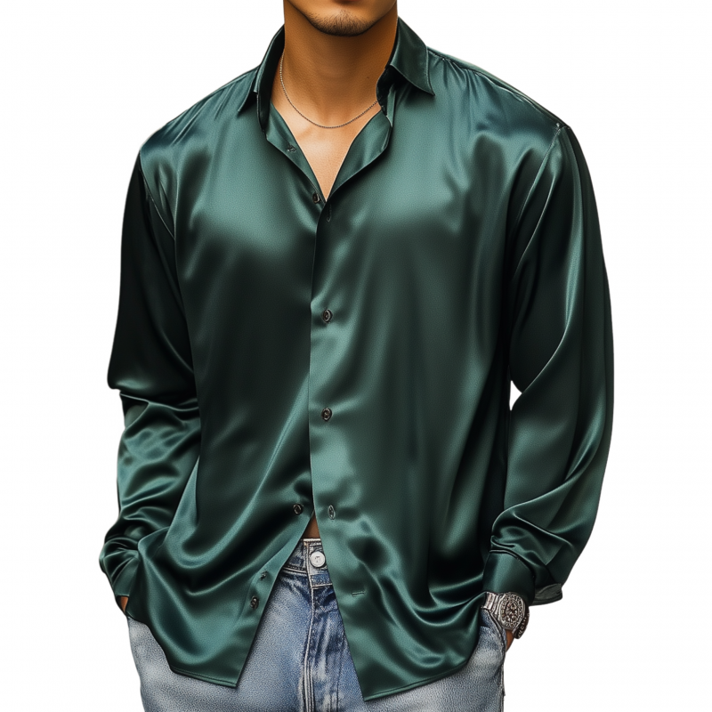 Men's Vintage Elegant Solid Color Breathable Satin Lapel Loose Long Sleeve Shirt MTA1648F0M