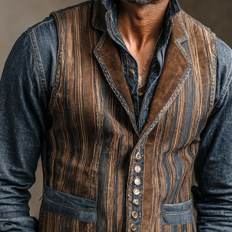 Men's Vintage Striped Printed Faux Suede Single Breasted Vest MTA2187H0Z
