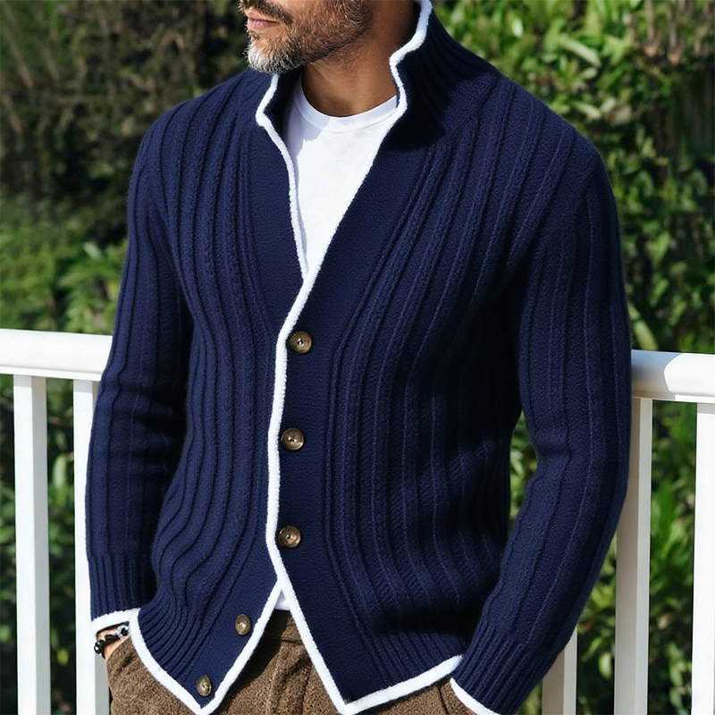 Men's Retro Casual Knitted Colorblock Button Sweater Stand Collar Cardigan MTA1655J8TO