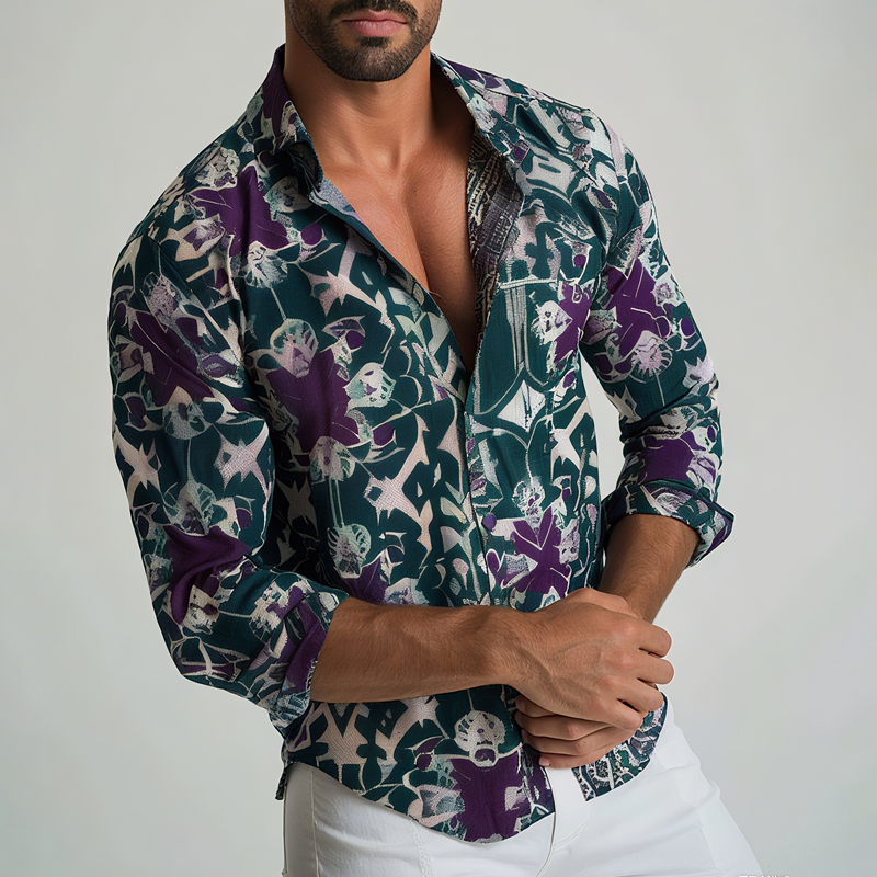 Men's Geometric Print Lapel Long Sleeve Shirt MTA2489G3Z